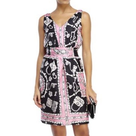 MOSCHINO Black and Pink V-Neck Bones Prehistoric Print Silk Dress Cheap and Chic - Picture 16 of 16